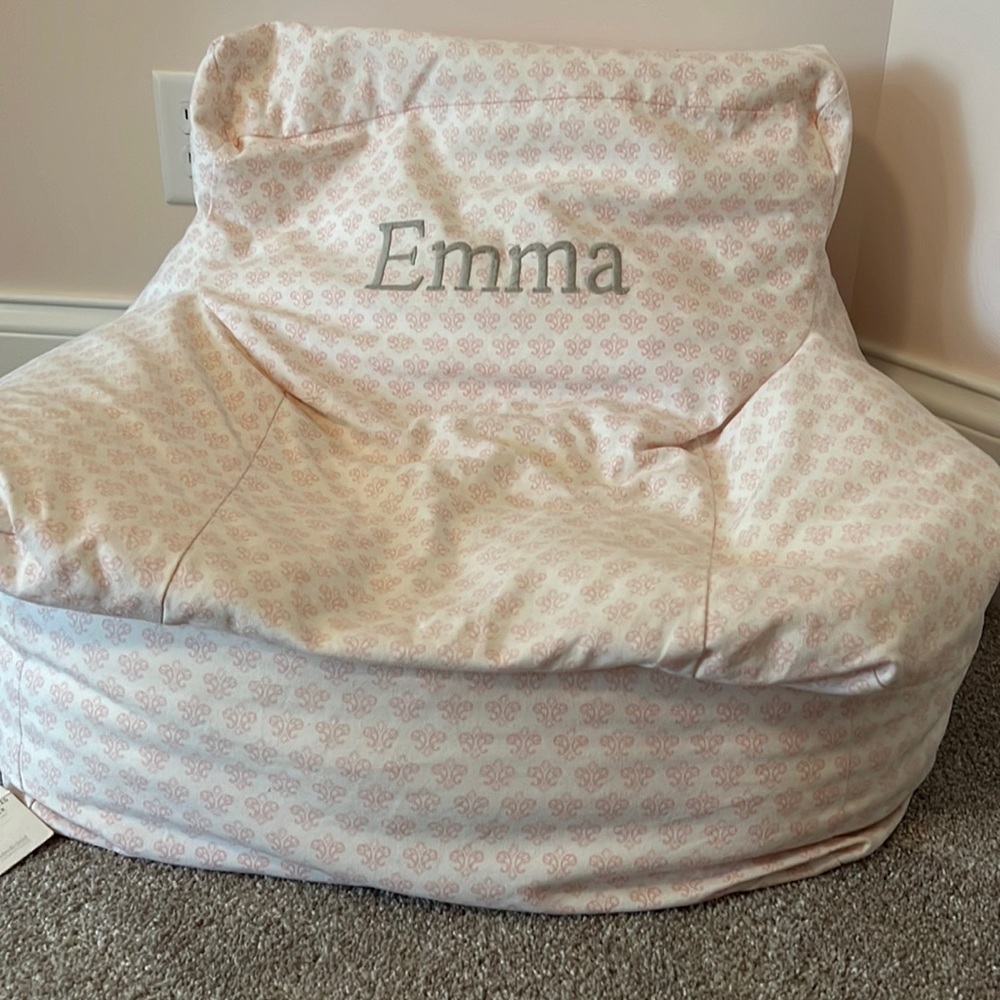 beanbag chair and canvas cover with embroidered “Emma”